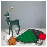 (7pc) GREEN VELVET CHRISTMAS REINDEER WITH GOLD-TONE ANTLERS, COOKIE CUTTERS, & WILTON BAKING PAN | 