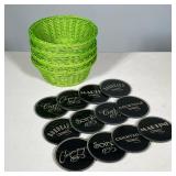(16pc) SET OF BLACK ACRYLIC COASTERS WITH FRENCH TEXT AND GREEN PLASTIC WICKER-STYLE BASKETS | Group