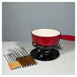 SWISSMAR CAST IRON FONDUE SET WITH STAND AND 12 FORKS | Red enameled cast iron fondue pot with cream