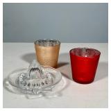 (3pc) PAIR OF FROSTED MERCURY-STYLE GLASS VOTIVE HOLDERS AND CLEAR PRESSED-GLASS CITRUS JUICER | Two