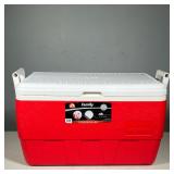 IGLOO FAMILY RED AND WHITE PLASTIC PORTABLE COOLER WITH SWING HANDLES | Hard-sided plastic cooler in