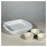 (4pc) WHITE CRACKLE-GLAZE SQUARE BAKING DISH WITH THREE RAMEKINS | Square white ceramic baking dish 