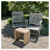 (3pc) BARLOW TYRIE TEAK OUTDOOR FOLDING ARMCHAIRS AND SIDE TABLE | Set of two folding armchairs and 