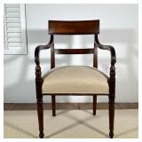 REGENCY STYLE MAHOGANY UPHOLSTERED ARMCHAIR | Mahogany armchair with a curved tablet top rail and sc