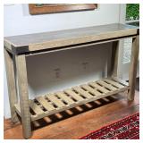 WOOD AND STONE TOP CONSOLE TABLE WITH SLATTED SHELF | Console table featuring an inset dark stone to