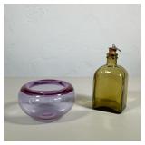 (2pc) MID-CENTURY SCANDINAVIAN ETCHED AMETHYST GLASS BOWL AND AMBER BOTTLE | An amethyst-colored gla