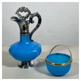 SILVER MOUNTED BLUE OPALINE GLASS CLARET JUG AND BASKET | Faceted blue opaline glass claret jug feat