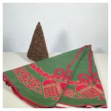 PRINTED FABRIC CHRISTMAS TREE SKIRT AND DECORATIVE PINE TREE | Circular green fabric tree skirt feat