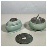 (3pc) CHINESE ZHENGDE TONGBAO CHARM COIN AND TWO THE ORIENTAL BANGKOK CELADON BOXES | A lot comprisi