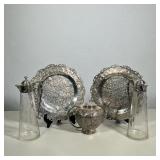 (5pc) INDO-PERSIAN STYLE REPOUSSÉ METAL TEA SET AND ETCHED GLASS CLARET JUGS | A teapot and two circ