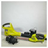RYOBI 18V ONE+ CORDLESS LEAF BLOWER AND HEDGE TRIMMER WITH BATTERY AND CHARGER | This lot includes a