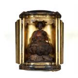 JAPANESE LACQUERED WOOD ZUSHI SHRINE WITH SEATED DEITY, BUDDHA