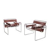 PAIR OF MILO BAUGHMAN STYLE CHROME AND LEATHER SLING ARMCHAIRS