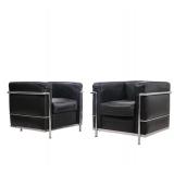 PAIR OF MILO BAUGHMAN STYLE BLACK LEATHER AND CHROME ARMCHAIRS, LC2 STYLE