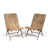 PAIR VINTAGE WROUGHT IRON & TAN FAUX LEATHER CAMPECHE SLING CHAIRS
