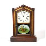 SETH THOMAS WOODEN STEEPLE CLOCK WITH REVERSE PAINTED PARTRIDGE PANEL