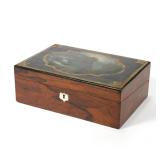 VICTORIAN ROSEWOOD WRITING LAP DESK, WRITING BOX, SLOPE WITH PAINTED LANDSCAPE
