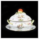 HEREND HUNGARY ROTHSCHILD BIRD PORCELAIN TUREEN WITH TOMATO FINIAL & UNDERPLATE