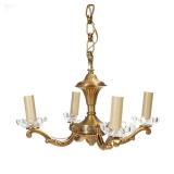 FOUR-LIGHT BRASS CHANDELIER WITH GLASS BOBECHES