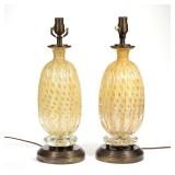 (2PC) PAIR OF ITALIAN MURANO BULLICANTE AND AVENTURINE GLASS TABLE LAMPS