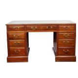 ENGLISH MAHOGANY PEDESTAL DESK WITH TOOLED LEATHER TOP