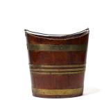 ANTIQUE MAHOGANY AND BRASS BANDED PEAT BUCKET