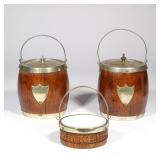 (3PC) ENGLISH OAK BARREL BISCUIT JARS AND CARLTON WARE CERAMIC LINED BOWL
