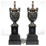 PAIR OF NEOCLASSICAL BRONZE URN TABLE LAMPS WITH BLACK PLINTHS