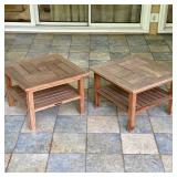 PAIR OF HENRY HALL DESIGNS TEAK PATIO SIDE TABLES | Pair of square teak side tables featuring a bask