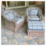 (3pc) TWO WOVEN RATTAN ARMCHAIRS AND MATCHING OTTOMAN | The set comprises two lounge-style armchairs