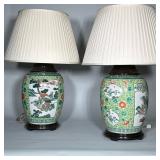 PAIR CHINESE FAMILLE VERTE PORCELAIN TABLE LAMPS | Each lamp features a baluster-form ceramic base d