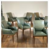 (8pc) TRANSITIONAL STYLE GREEN LEATHER DINING CHAIRS | Set of eight dining chairs upholstered in sag