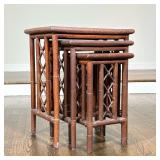 (3pc) SET OF THREE TORTOISESHELL FINISH BAMBOO AND WICKER NESTING TABLES | A set of three graduated 