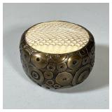 R&Y AUGOUSTI SNAKESKIN INSET PATINATED BRONZE TRINKET DISH | Round lidded container featuring a pati