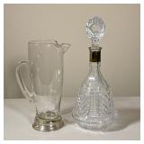 (2pc) GERMAN CRYSTAL DECANTER WITH STERLING COLLAR AND ETCHED GLASS PITCHER WITH STERLING BASE | The