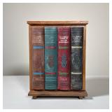WILLIAM SHAKESPEARE THEMED FAUX BOOK BAR SET WITH GLASS DECANTER AND SHOT GLASSES | A wooden cabinet