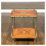 TWO-TIER FAUX BOIS SIDE TABLE WITH PAINTED SEASHELL MEDALLION AND BRASS-TONED SUPPORTS | This two-ti