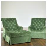 (3pc) PAIR OF TUFTED GREEN VELVET ARMCHAIRS WITH MATCHING OTTOMAN | These chairs feature deep button
