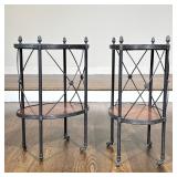 (2pc) PAIR OF PATINATED METAL AND BURL WOOD OVAL TIERED ROLLING TABLES | This pair of two-tiered ova