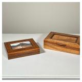 TWO DECORATIVE WOODEN BOXES INCLUDING MARQUETRY PHOTO BOX AND ARTISAN TRINKET BOX | This lot consist