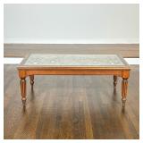 NEOCLASSICAL STYLE WOOD AND GLASS COFFEE TABLE WITH SCROLLWORK INSERT | Rectangular wood coffee tabl