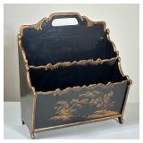 CHINOISERIE STYLE THREE-TIERED MAGAZINE RACK WITH LANDSCAPE VISTA | Black painted three-tiered magaz