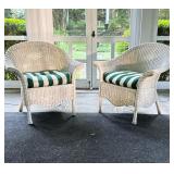 PAIR OF WHITE PAINTED WICKER BARREL BACK ARMCHAIRS