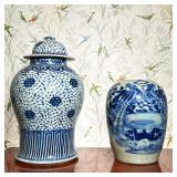 CHINESE BLUE AND WHITE PORCELAIN LOTUS AND PHOENIX JARS