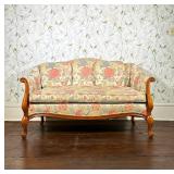 LOUIS XV STYLE CARVED WOOD LOVESEAT WITH FLORAL UPHOLSTERY