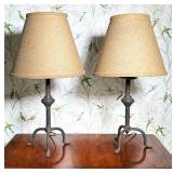 PAIR OF WROUGHT IRON TRIPOD TABLE LAMPS WITH BURLAP SHADES
