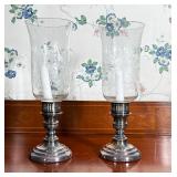 PAIR SILVER & ETCHED GLASS HURRICANE LAMPS