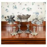 COLLECTION STERLING & SILVER-PLATED TABLEWARES INCLUDING PIERCED BOWL AND FIGURAL CANDLE HOLDERS