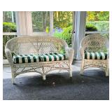 VICTORIAN STYLE PAINTED WICKER LOVESEAT AND ARMCHAIR