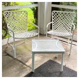 VINTAGE LATTICE STRAP METAL PATIO ARMCHAIRS AND SIDE TABLE